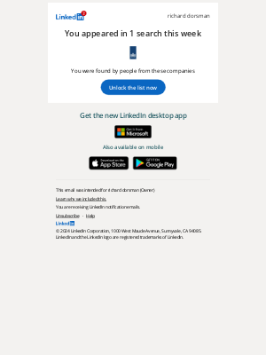 LinkedIn - You appeared in 1 search