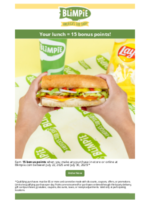 blimpie - Earn 15 bonus points with any purchase!