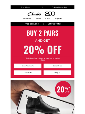 Clarks Shoes (United Kingdom) - Get 20% OFF: Buy 2 pairs today!