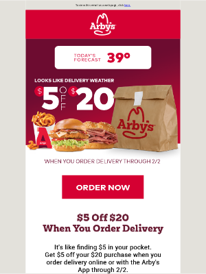 Arby's - Stay in. Get $5 Off $20 when you order delivery 🚘