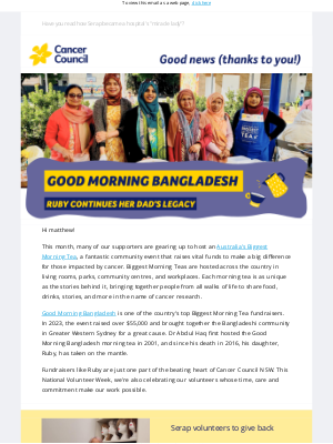 Cancer Council NSW (Australia) - matthew, join us in celebrating our Volunteers and Australia's Biggest Morning Tea!