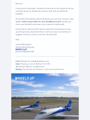 Wheels Up - Choose Up to 1M Bonus Miles for your SkyMiles Account
