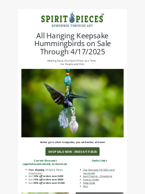 Beyond the Urn - Flash Sale on Hanging Memorial Hummingbirds from Spirit Pieces