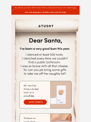 Tushy - A letter to Santa from your bum