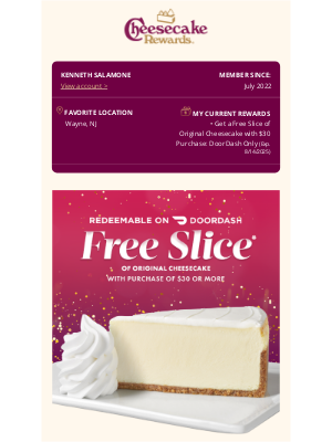 The Cheesecake Factory - Get our Original slice for Free! 🍰🤩