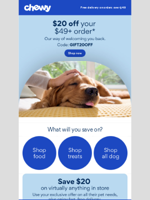 Chewy - Come back to Chewy for $20 off your pet’s essentials