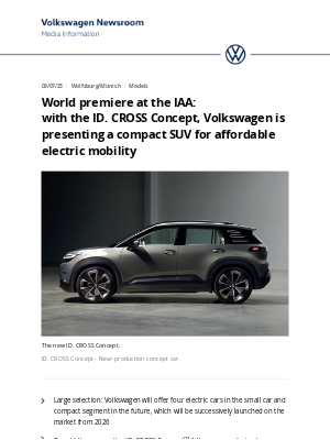 Volkswagen - World premiere at the IAA: with the ID. CROSS Concept, Volkswagen is presenting a compact SUV for affordable electric mobility