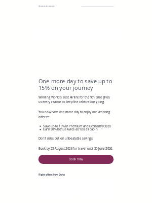 Qatar Airways - Offer extended: Get up to 15% off and earn 50% bonus Avios