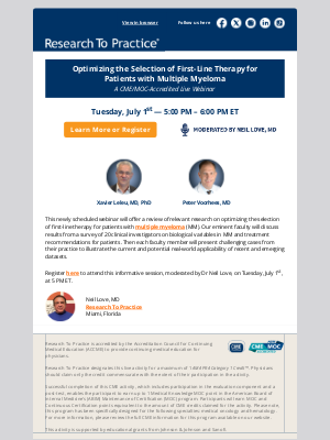 Research To Practice - First-Line Therapy for Multiple Myeloma — Join Us Tuesday July 1st at 5 PM ET