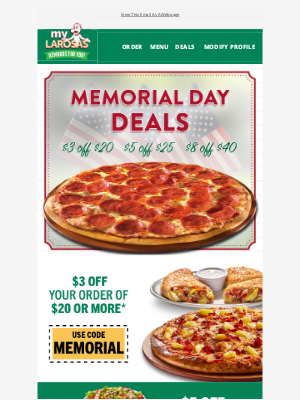 LaRosa’s Pizzeria - Memorial Day Savings Inside!