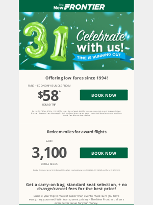 Frontier Airlines - Celebrate all week long! $58 economy bundles are selling FAST