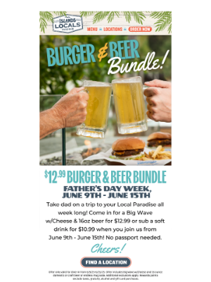 Islands Restaurants - $12.99 Burger & Beer Bundle 6/9-6/15!