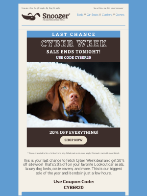 Snoozer Pet Products - ⏰ Last Chance to Save 20%! Cyber Monday is Here!