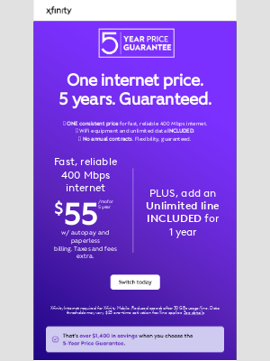 Xfinity - No surprises here. Get the same internet price for 5 years