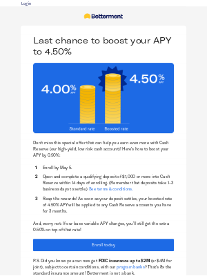 Betterment - 3 days to enroll! Earn a boosted APY of 4.50% with Cash Reserve