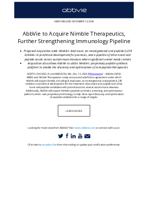 AbbVie - AbbVie Press Release: AbbVie to Acquire Nimble Therapeutics, Further Strengthening Immunology Pipeline