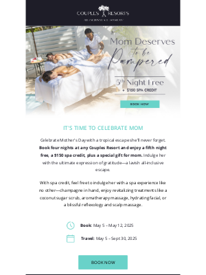 Couples Resorts - Make This Mother’s Day Unforgettable 💐 5th Night Free + Spa Gift