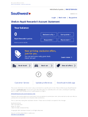 Southwest Airlines - Your Rapid Rewards account statement has arrived, Shelia.