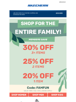 SKECHERS - Stock up and save up to 30% off for the whole family