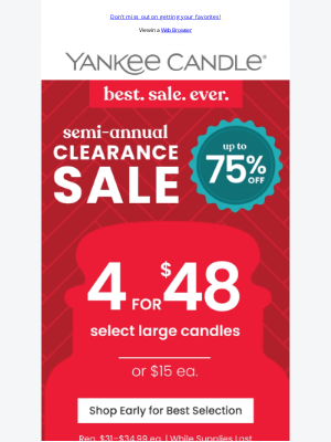 The Yankee Candle Company - Semi-Annual Sale deal: 4 for $48 Large Candles!