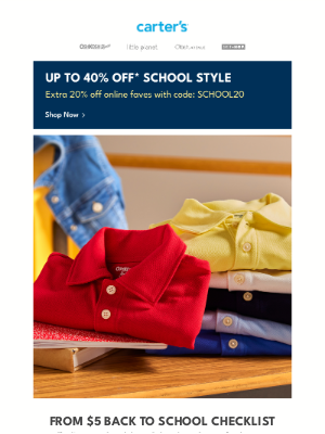 OshKosh B'Gosh - SCHOOL20 = EXTRA 20% off online faves 🤓