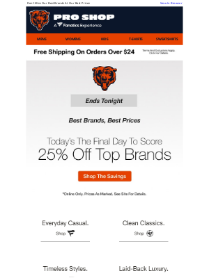 Chicago Bears - Last Day For 25% Off Top Brands!