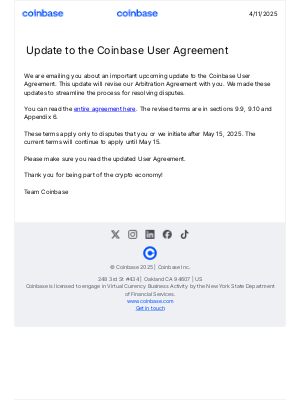 Coinbase - Updates to the Coinbase User Agreement and Arbitration Agreement