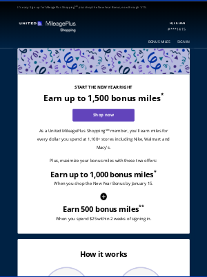 United Airlines - Earn 1,500 bonus miles just for shopping.