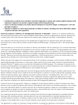 Novo Nordisk - Novo Nordisk A/S: Septerna and Novo Nordisk to collaborate on oral small molecule medicines for obesity and other cardiometabolic diseases