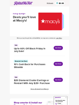 RetailMeNot - 🌟 Macy's: Up to 60% Off + 10% Cash Back & More!
