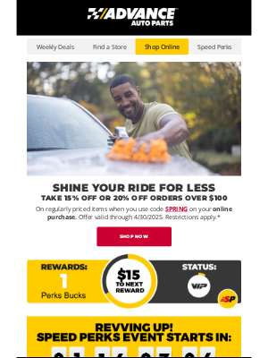 Advance Auto Parts - Make Your Vehicle Shine With 15% Off or 20% Off $100