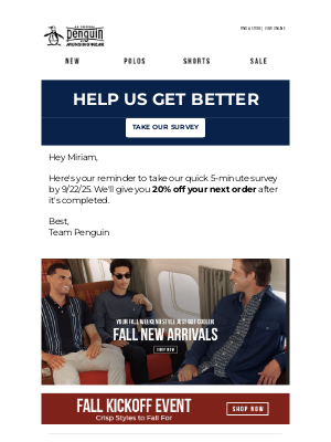 Original Penguin - Your Reminder to Take Our Quick Survey