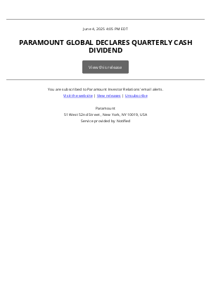 Viacom - PARAMOUNT GLOBAL DECLARES QUARTERLY CASH DIVIDEND