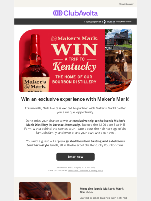 Club Avolta - Win a trip to the Maker's Mark Distillery in Kentucky!