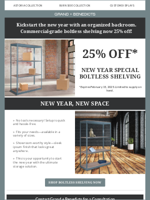 Grand + Benedicts - 25% Off Backroom Shelving