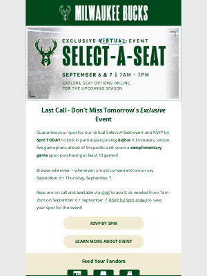 Milwaukee Bucks - Last Call To RSVP For Our Virtual Select-A-Seat Event Starting TOMORROW