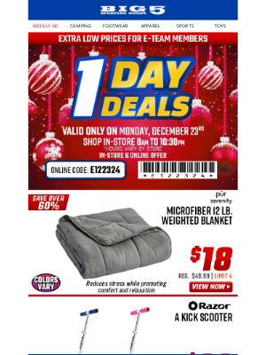 Big 5 Sporting Goods - $24 Scuba Cam WIFI Action Sports Camera + $59 20'' Queen Air Mattress With Built-in AC Pump + Other One Day Deals, Monday Only!