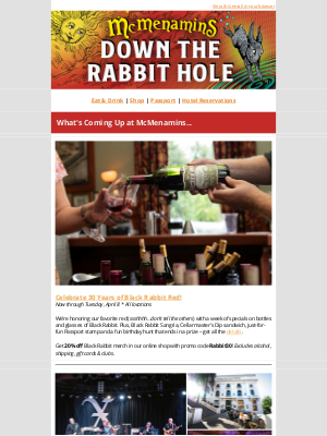 McMenamins Pubs & Breweries - 30 Years of Black Rabbit Red, X at Spanish Ballroom, Laughing Bobcat, Trivia and more...