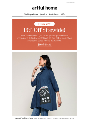 Artful Home - Last Day to Save 15% Off Sitewide!