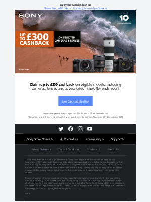 Sony (United Kingdom) - LAST CHANCE: Get up to £300 Cashback on selected Sony products this summer 💰