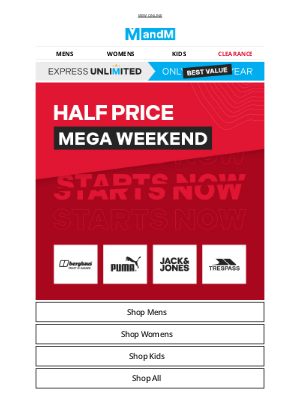 M and M Direct (United Kingdom) - HALF PRICE Mega Weekend 🔴 STARTS NOW >