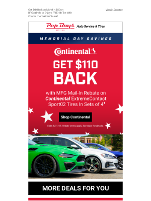 Pep Boys - Rev Up for the Long Weekend – $110 Back on Continental Tires!