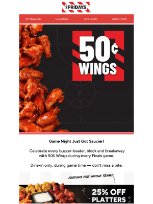 TGI Fridays - Finals = 50¢ Wings 🏀
