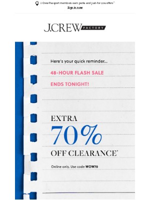 J.Crew Factory - Last chance: Extra 70% off clearance with code WOW70