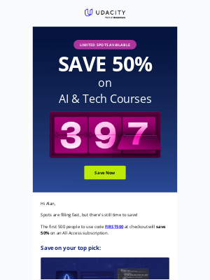 Udacity - 📣 Only 397 chances left to save 50%