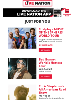 Live Nation - Your Upcoming Concert Lineup: Coldplay, Bad Bunny, Chris Stapleton