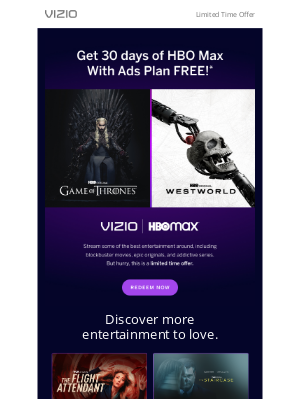 VIZIO - Get 30-days of HBO Max FREE With Ads Plan!