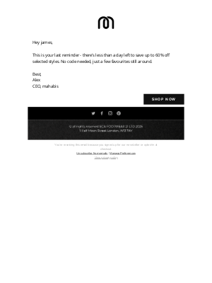 Mahabis - Outlet closes in 24 hours