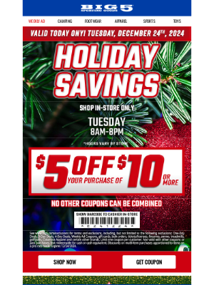 Big 5 Sporting Goods - $5 Off $10 Special Offer 🎁 Today ONLY!