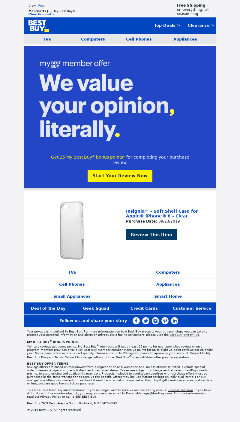 Best Buy - Mailcharts, review your recent purchase and get My Best Buy points